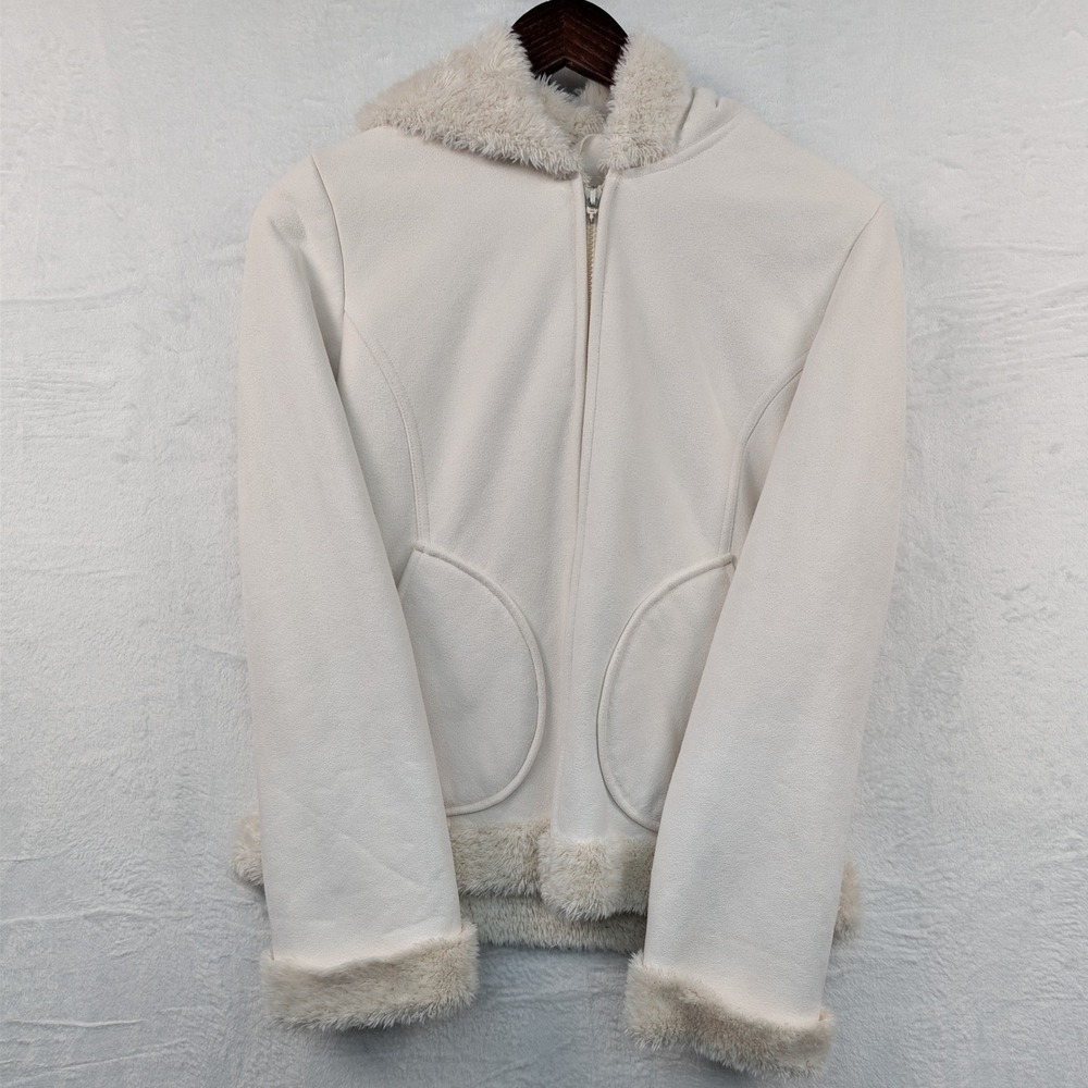VTG Mudd Jacket Womens M Cream Faux Suede Fur Trim Hooded McBling Snow Bunny Y2K